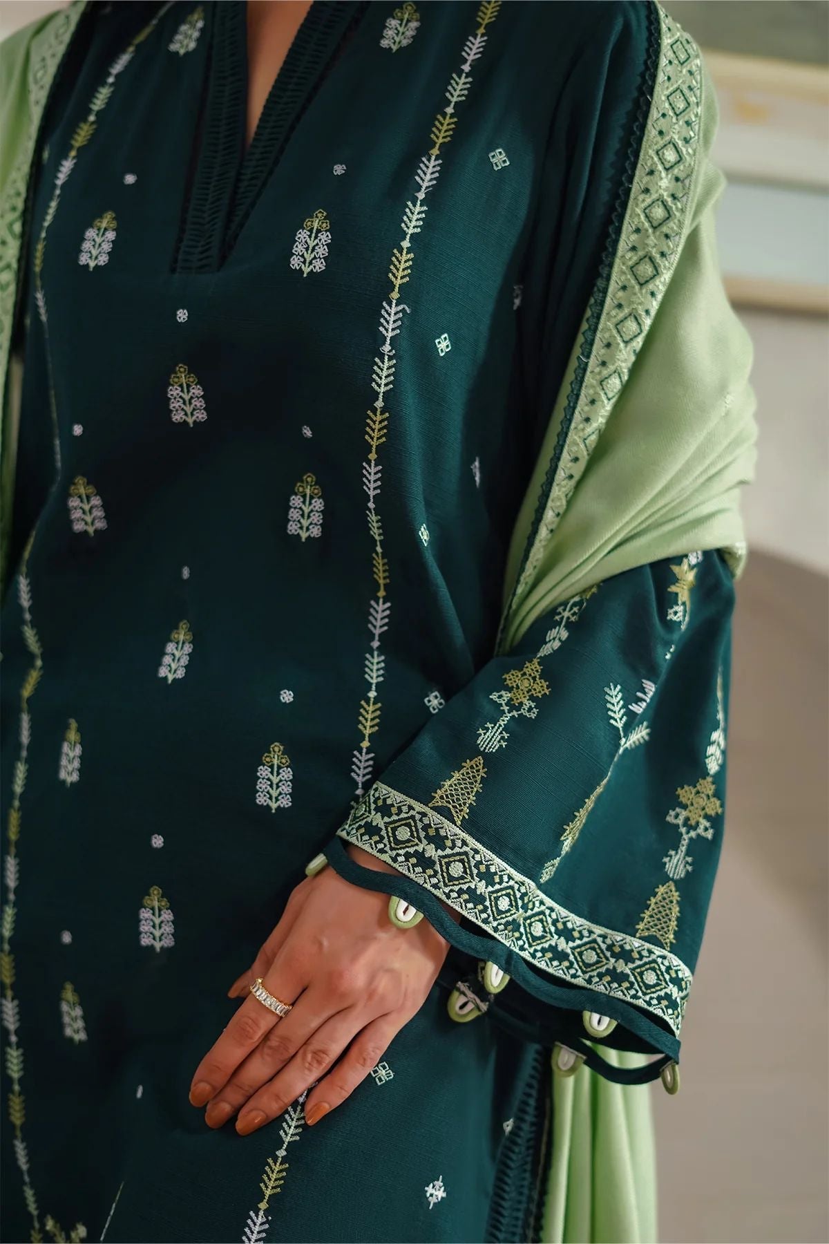 BATIK-3PC DHANAK EMBROIDERED SHIRT WITH DHANAK EMBROIDERED SHAWL & TROUSER-BIC-4178