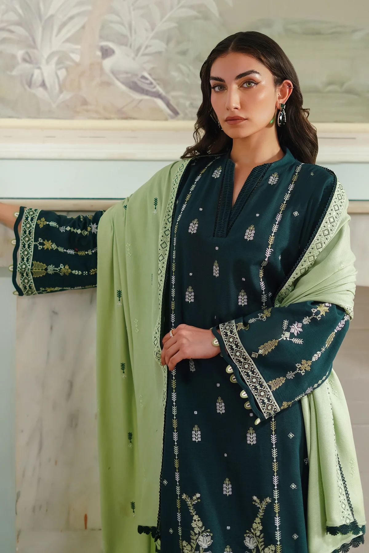 BATIK-3PC DHANAK EMBROIDERED SHIRT WITH DHANAK EMBROIDERED SHAWL & TROUSER-BIC-4178
