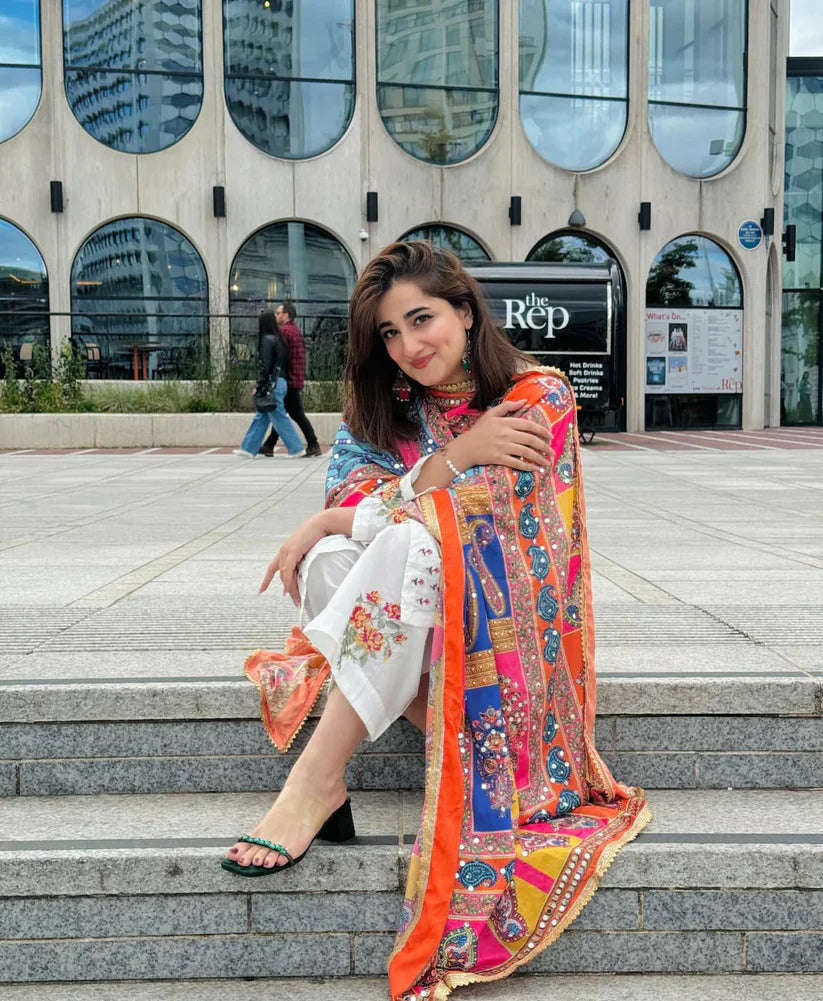 NIMRA MEHRA-3PC LAWN EMBROIDERED SHIRT WITH MONARK PRINTED DUPATTA & EMB TROUSER-BIC-3624