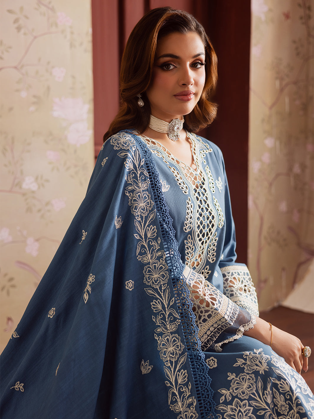 MAHNUR-3PC DHANAK EMBROIDERED SHIRT WITH DHANAK EMBROIDERED SHAWL & TROUSER-BIC-4323