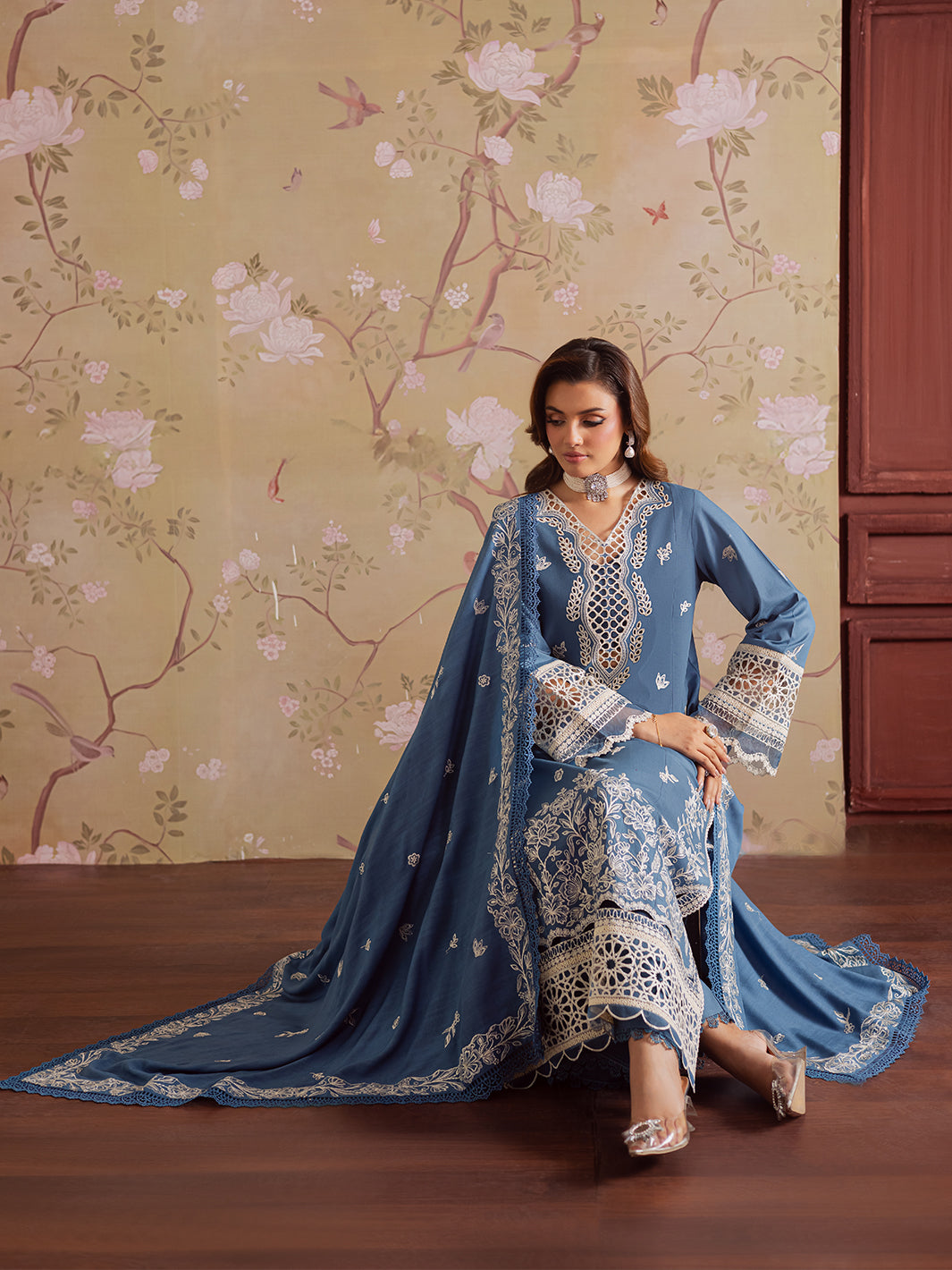 MAHNUR-3PC DHANAK EMBROIDERED SHIRT WITH DHANAK EMBROIDERED SHAWL & TROUSER-BIC-4323