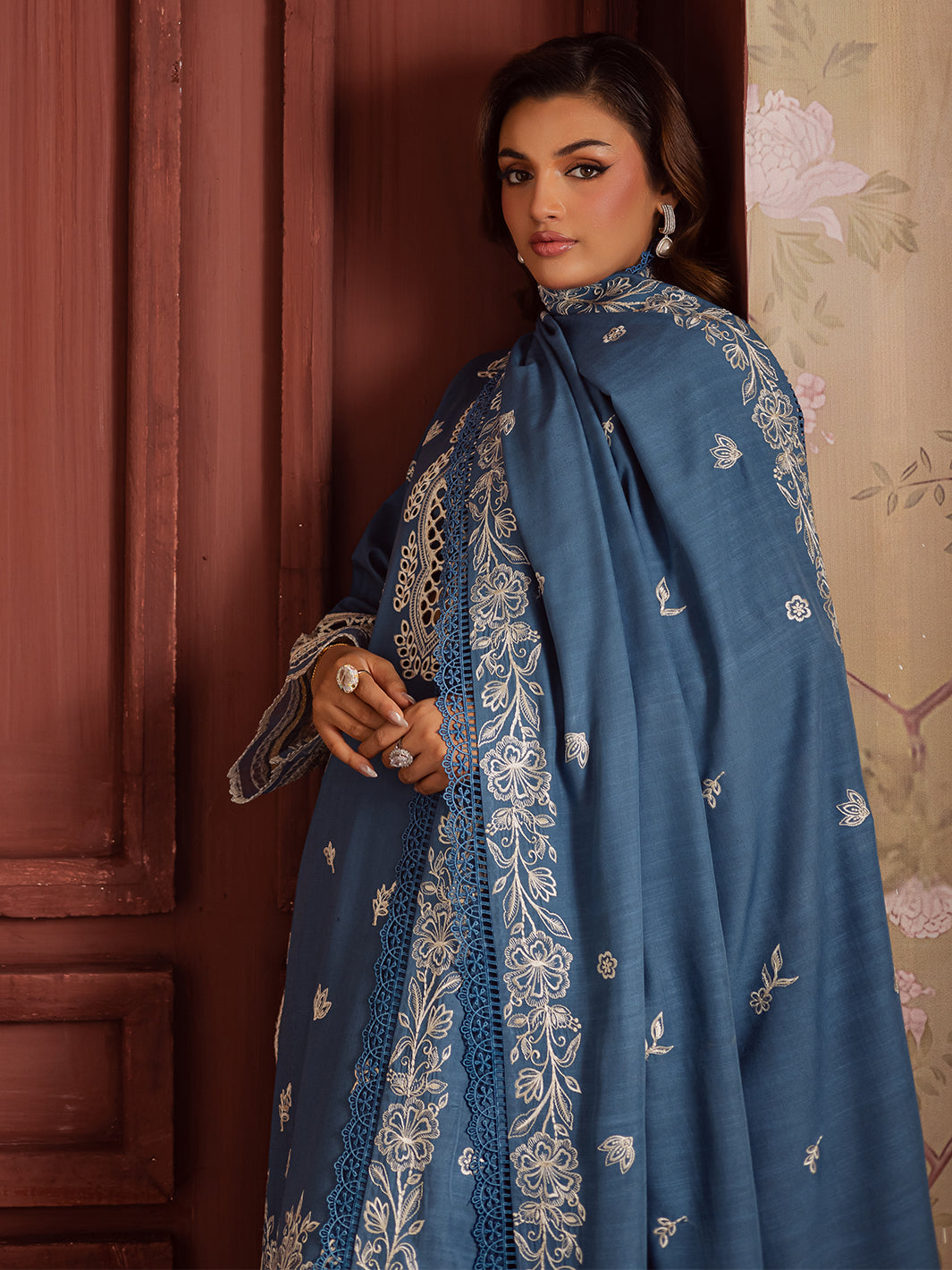 MAHNUR-3PC DHANAK EMBROIDERED SHIRT WITH DHANAK EMBROIDERED SHAWL & TROUSER-BIC-4323