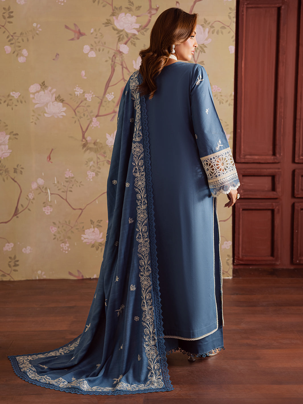 MAHNUR-3PC DHANAK EMBROIDERED SHIRT WITH DHANAK EMBROIDERED SHAWL & TROUSER-BIC-4323