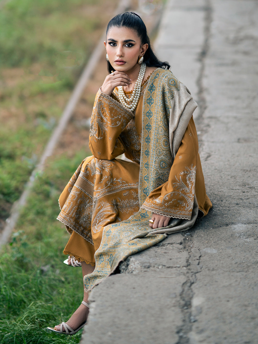 IZEL-3PC DHANAK EMBROIDERED SHIRT WITH COUTRAI PRINTED SHAWL & TROUSER-BIC-4129