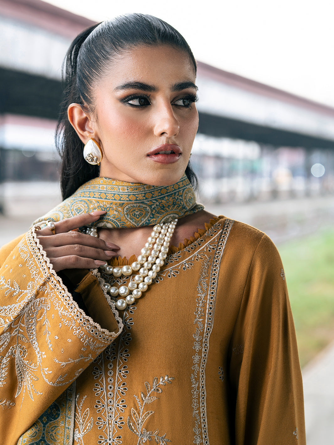 IZEL-3PC DHANAK EMBROIDERED SHIRT WITH COUTRAI PRINTED SHAWL & TROUSER-BIC-4129
