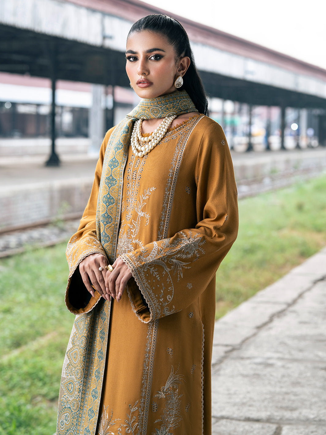 IZEL-3PC DHANAK EMBROIDERED SHIRT WITH COUTRAI PRINTED SHAWL & TROUSER-BIC-4129