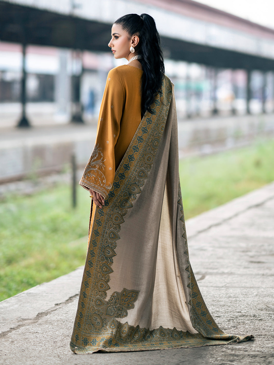 IZEL-3PC DHANAK EMBROIDERED SHIRT WITH COUTRAI PRINTED SHAWL & TROUSER-BIC-4129