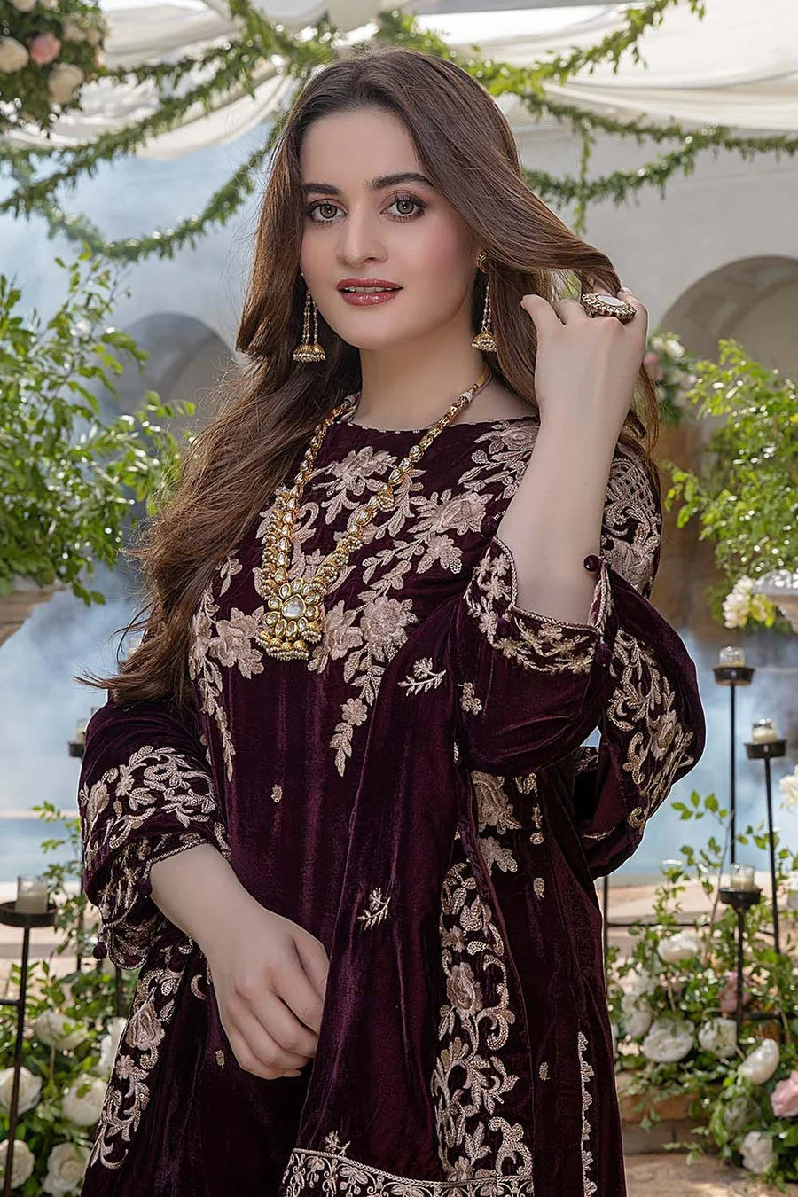 AZURE-3PC VELVET EMBROIDERED SHIRT WITH VELVET EMBROIDERED SHAWL & TROUSER-BIC-D.5