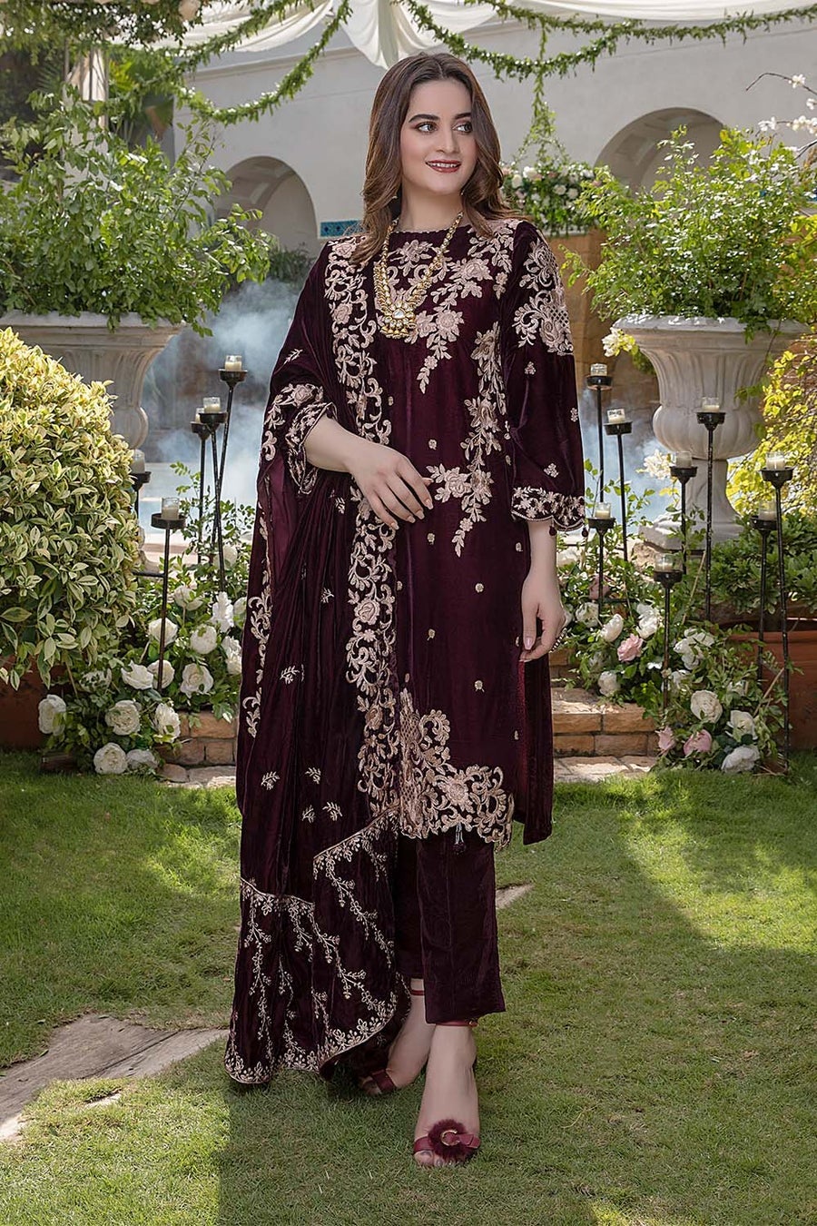 AZURE-3PC VELVET EMBROIDERED SHIRT WITH VELVET EMBROIDERED SHAWL & TROUSER-BIC-D.5