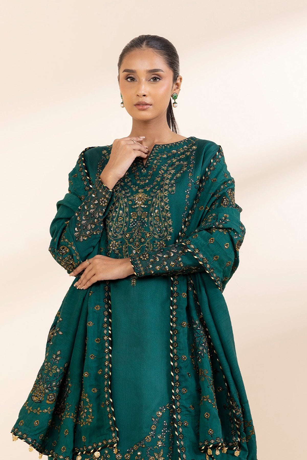 SAPPHIRE-3PC DHANAK EMBROIDERED SHIRT WITH DHANAK EMBROIDERED SHAWL AND TROUSER-4225