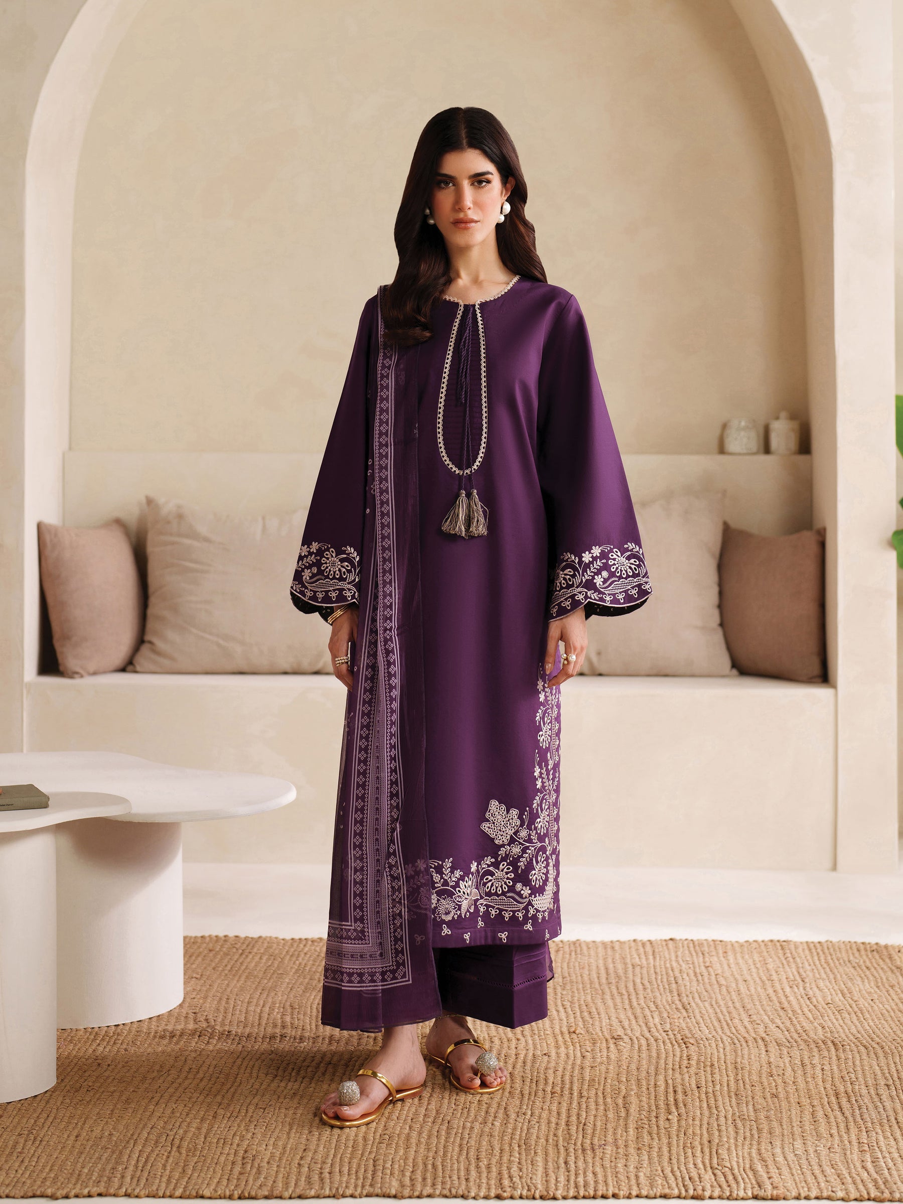 GARNET-3PC DHANAK EMBROIDERED SHIRT WITH COURTRAI PRINTED SHAWL AND TROUSER-BIC-4305