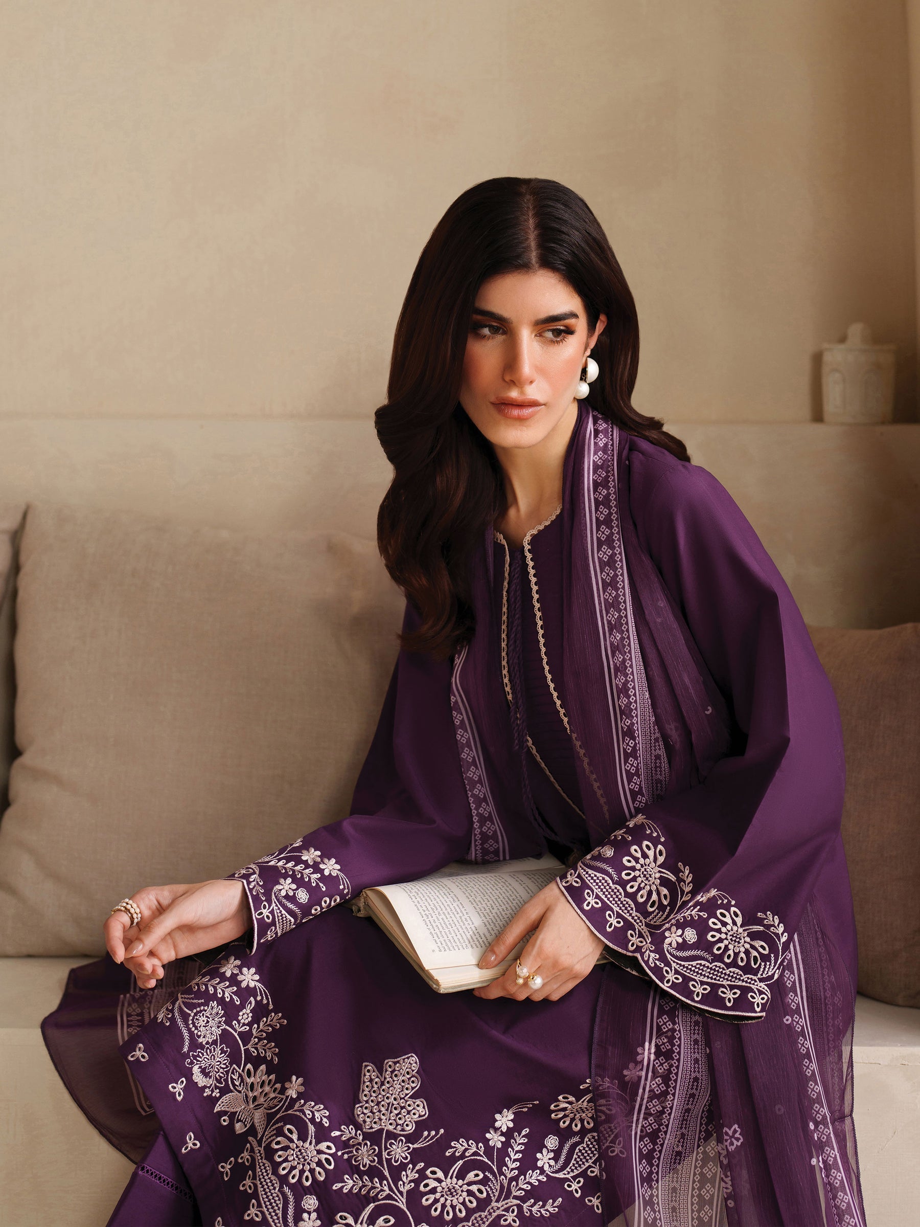 GARNET-3PC DHANAK EMBROIDERED SHIRT WITH COURTRAI PRINTED SHAWL AND TROUSER-BIC-4305