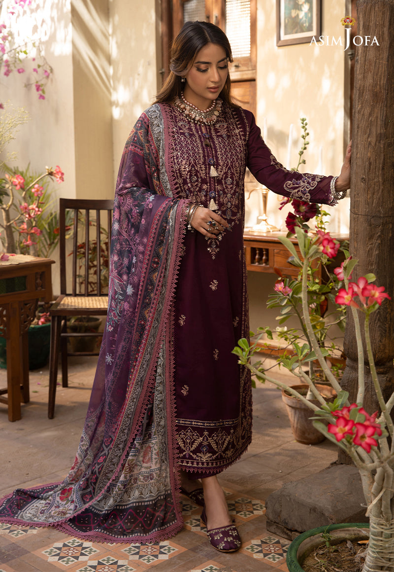 ASIM JOFA-3PC DHANAK EMBROIDRED SHIRT WITH COURTRAI PRINTED SHAWL AND TROUSER-BIC-4252
