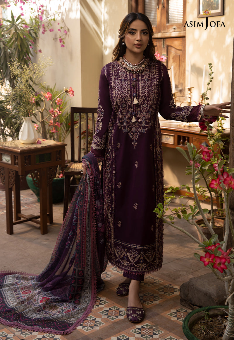 ASIM JOFA-3PC DHANAK EMBROIDRED SHIRT WITH COURTRAI PRINTED SHAWL AND TROUSER-BIC-4252