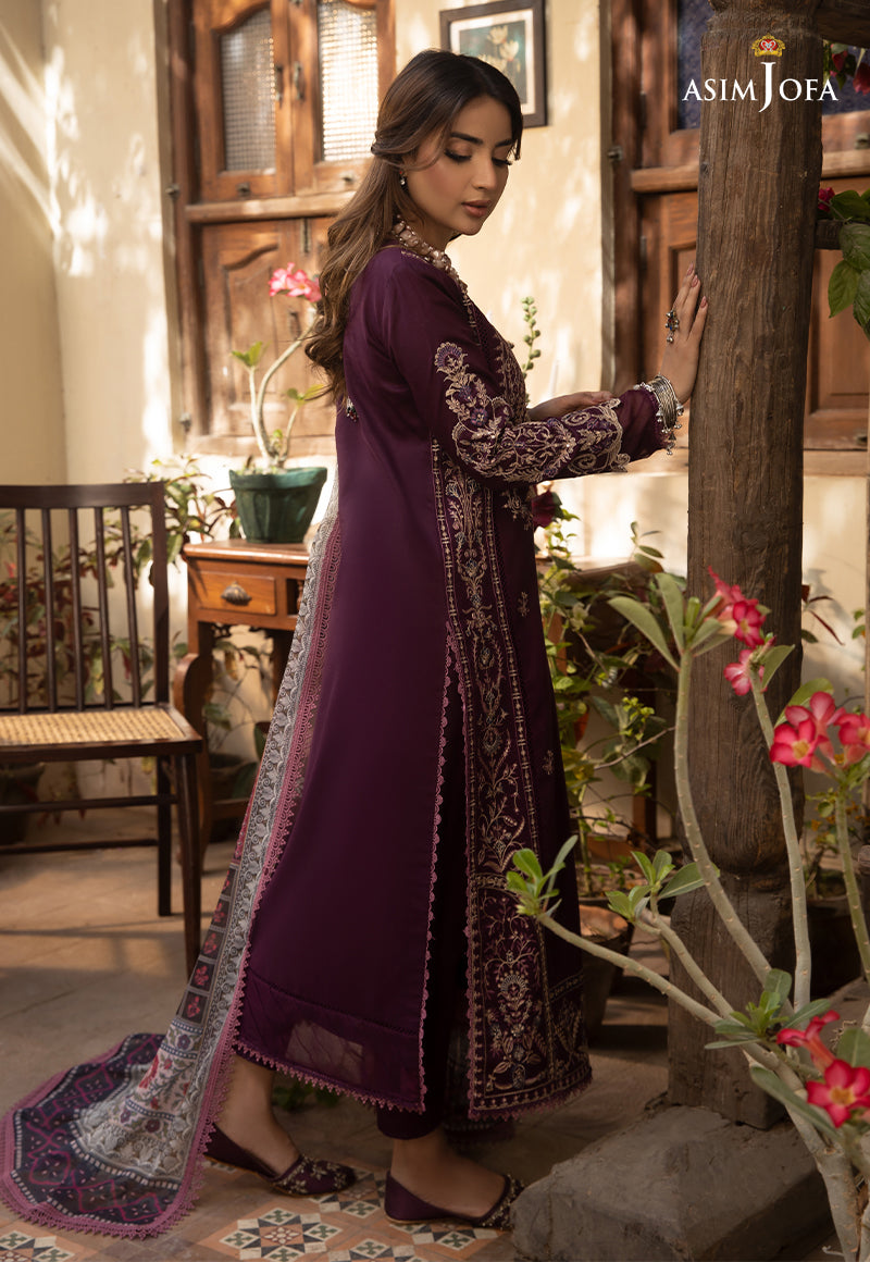 ASIM JOFA-3PC DHANAK EMBROIDRED SHIRT WITH COURTRAI PRINTED SHAWL AND TROUSER-BIC-4252