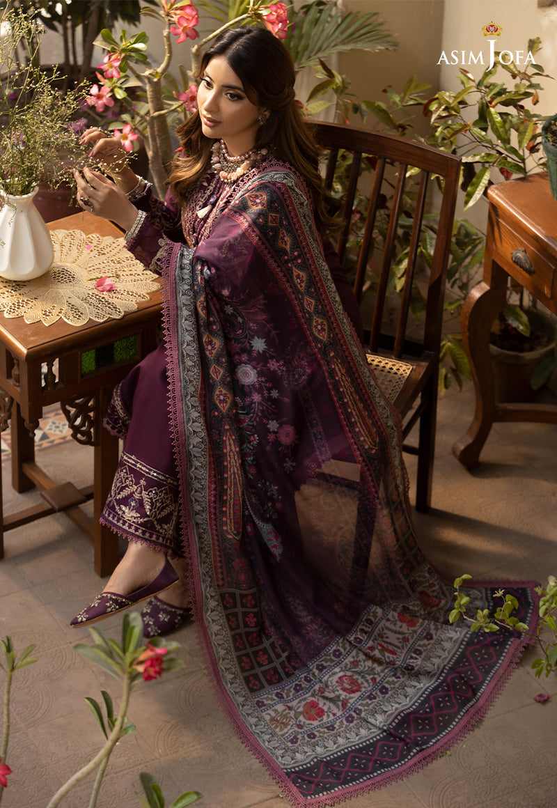 ASIM JOFA-3PC DHANAK EMBROIDRED SHIRT WITH COURTRAI PRINTED SHAWL AND TROUSER-BIC-4252
