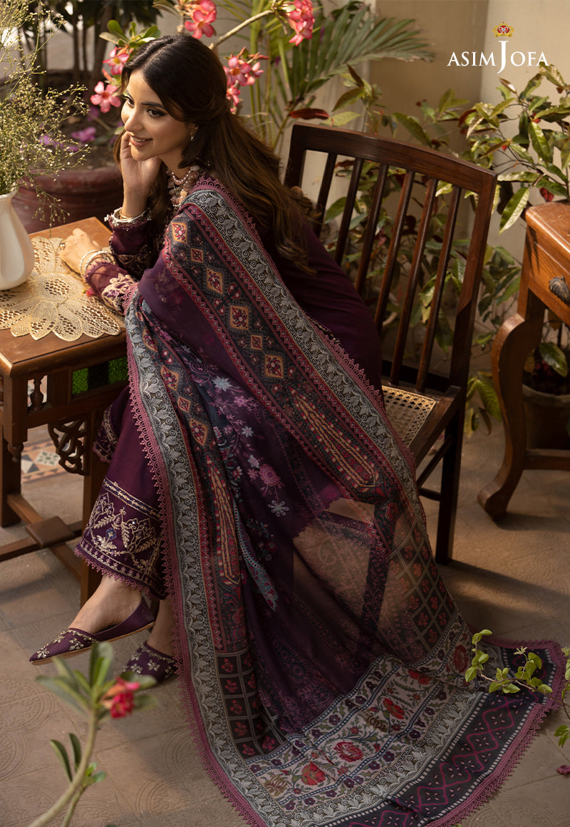 ASIM JOFA-3PC DHANAK EMBROIDRED SHIRT WITH COURTRAI PRINTED SHAWL AND TROUSER-BIC-4252