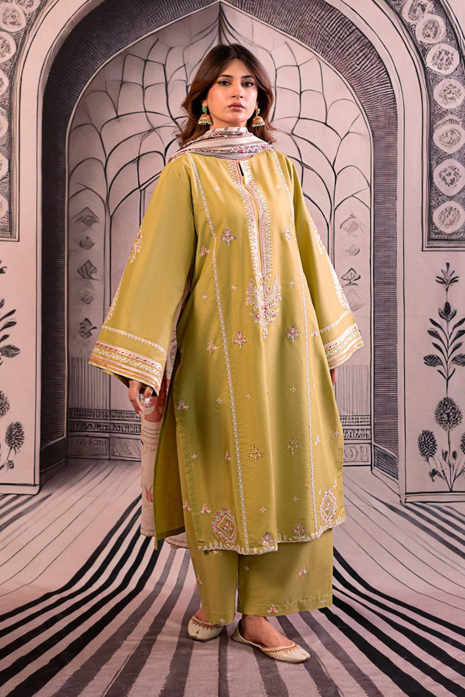 URGE - 3PC LAWN EMBROIDERED SHIRT WITH MONARK PRINTED DUPATTA AND EMB TROUSER BIC-3788