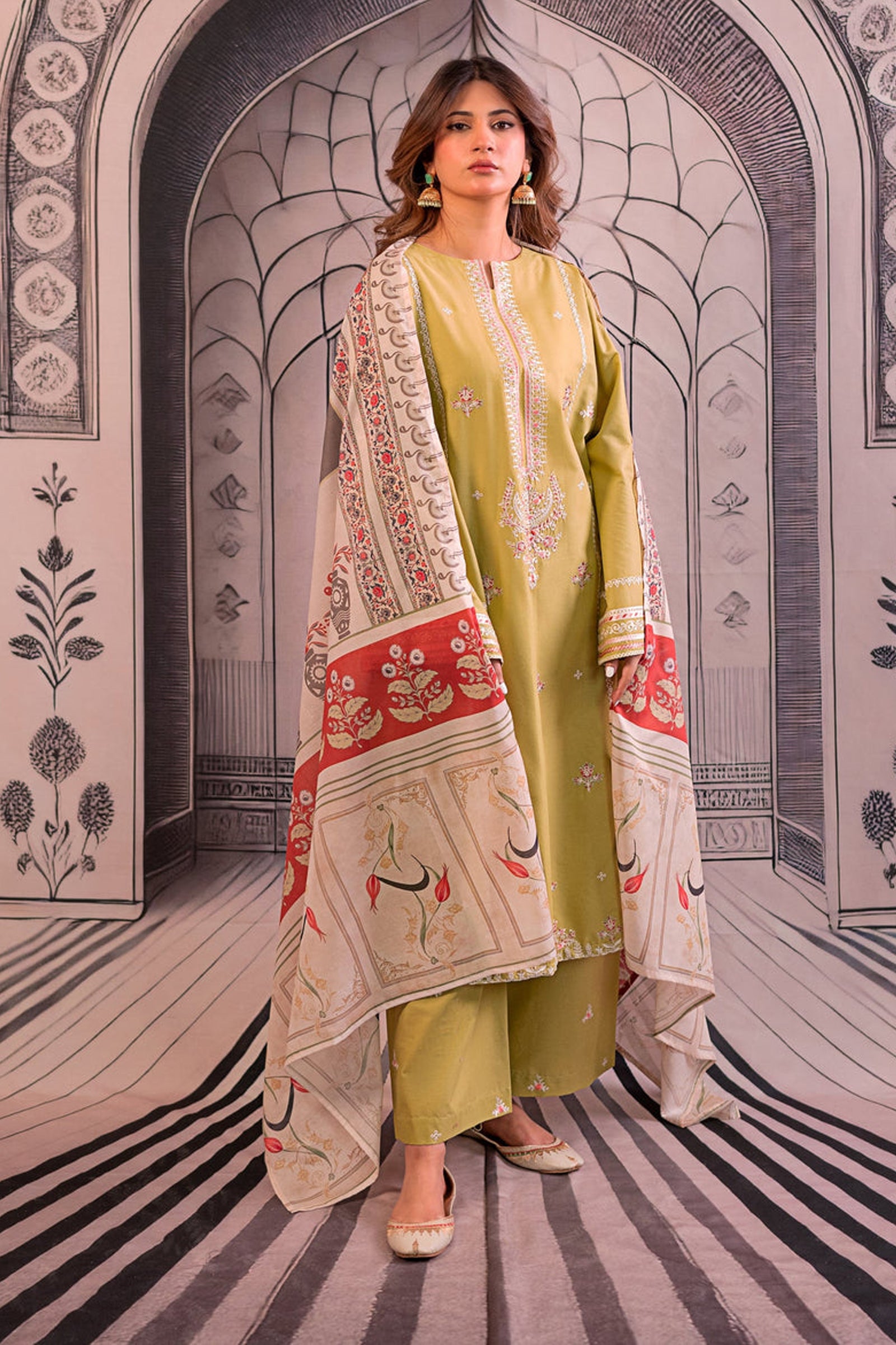 URGE - 3PC LAWN EMBROIDERED SHIRT WITH MONARK PRINTED DUPATTA AND EMB TROUSER BIC-3788