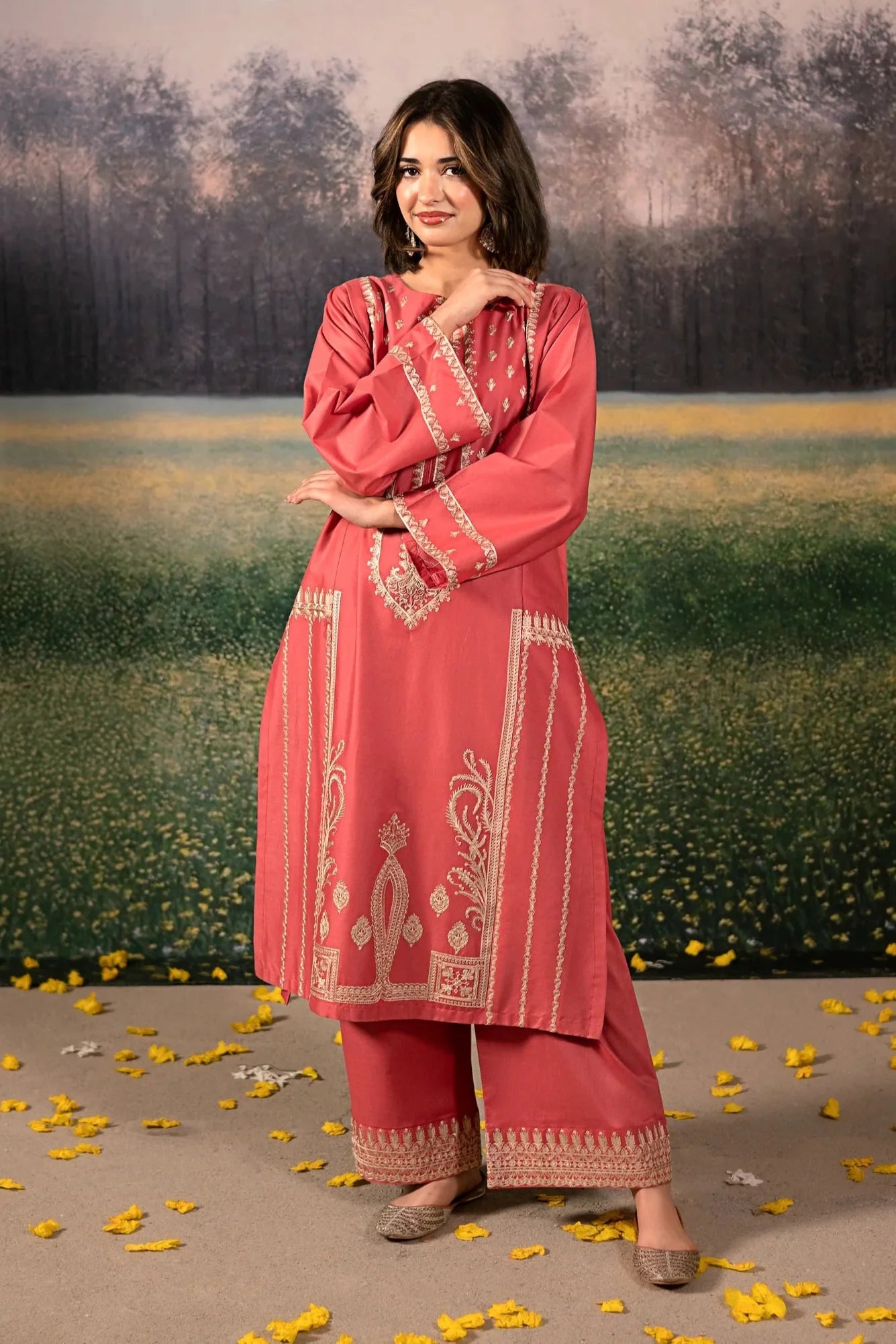 URGE-3PC DHANAK EMBROIDERED SHIRT WITH COURTRAI PRINTED SHAWL AND EMB TROUSER-BIC-4204
