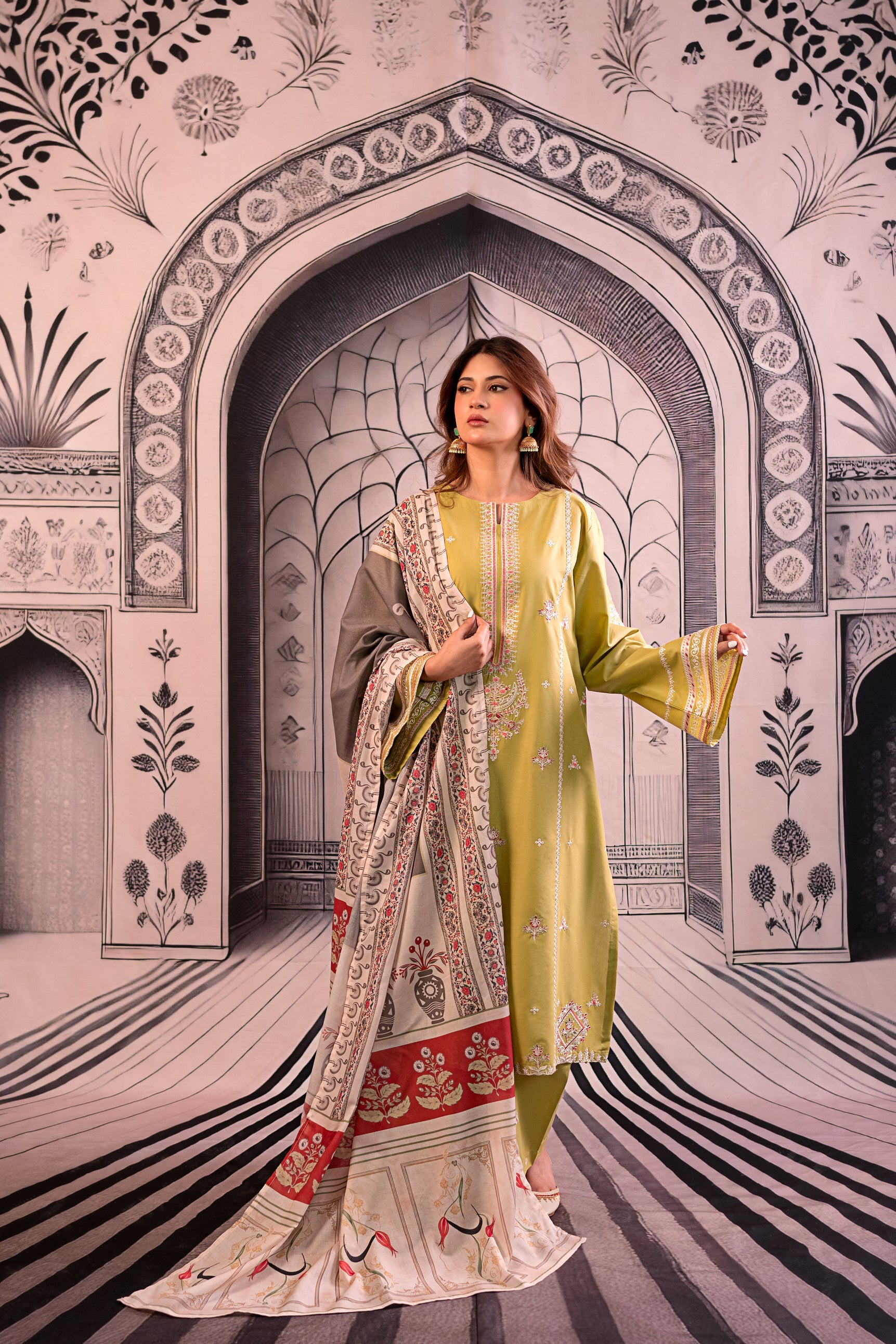 URGE - 3PC LAWN EMBROIDERED SHIRT WITH MONARK PRINTED DUPATTA AND EMB TROUSER BIC-3788