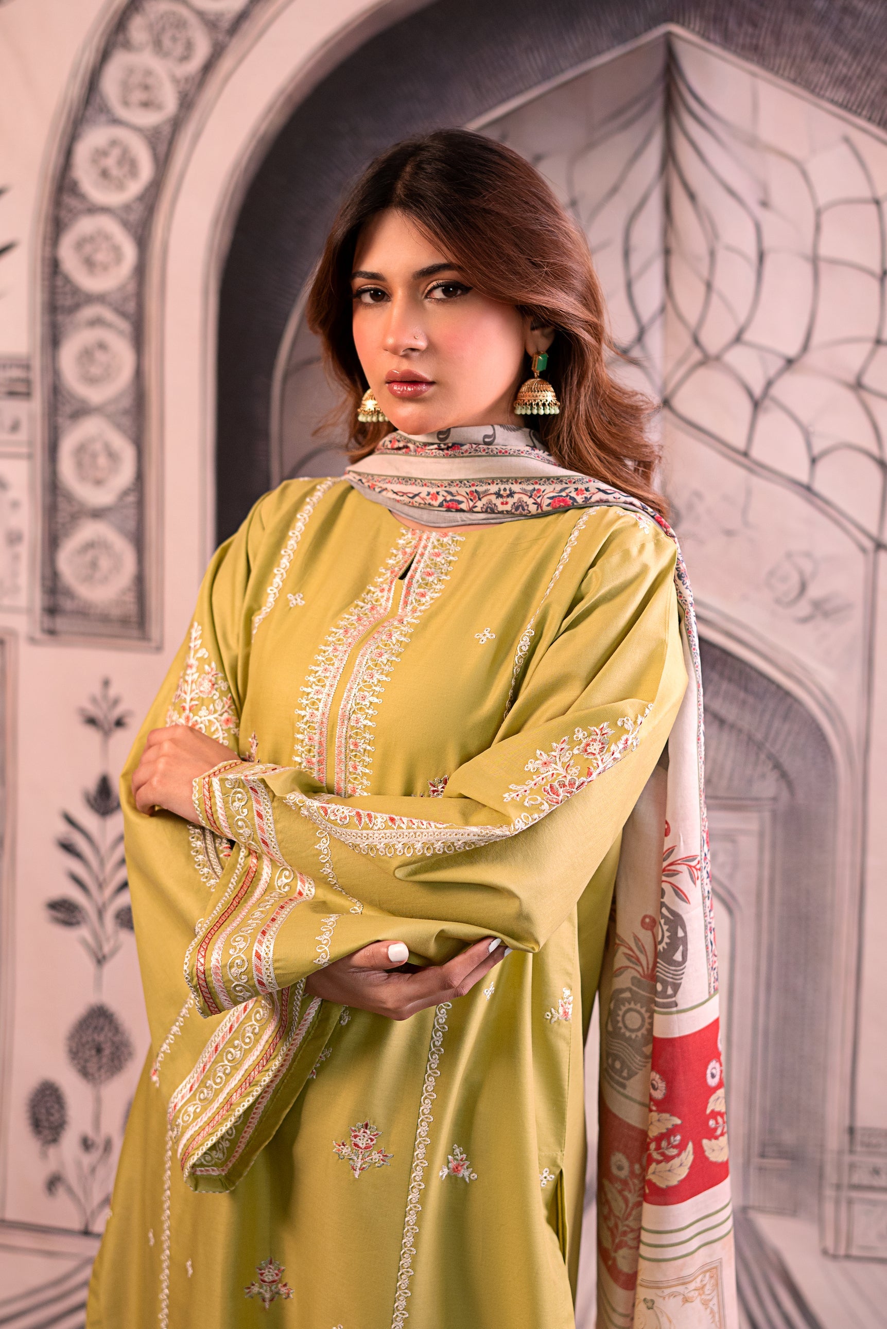URGE - 3PC LAWN EMBROIDERED SHIRT WITH MONARK PRINTED DUPATTA AND EMB TROUSER BIC-3788