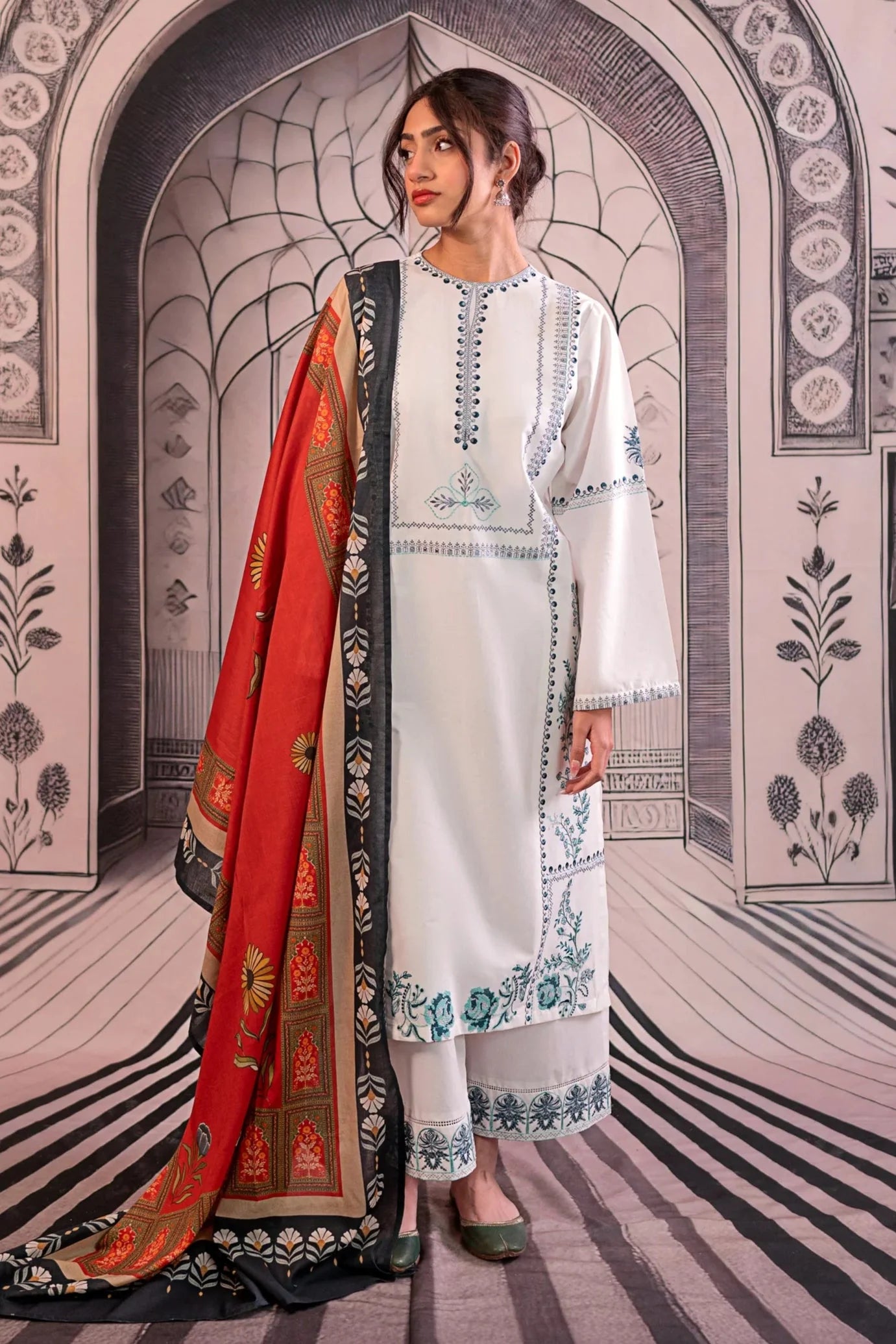 URGE - 3PC LAWN EMBROIDERED SHIRT WITH MONARK PRINTED DUPATTA AND EMB TROUSER BIC-3758
