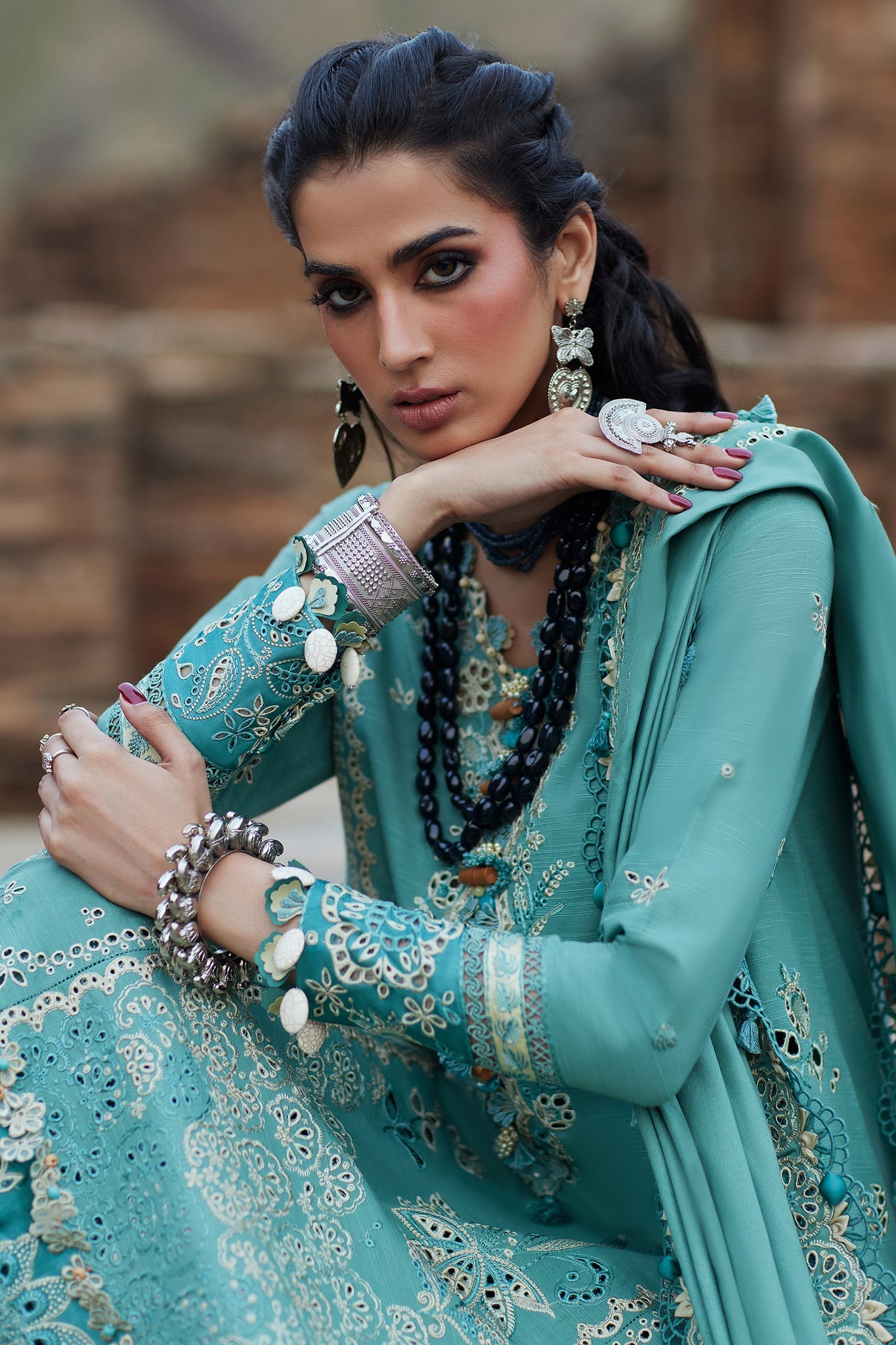 ELAN-3PC DHANAK CHIKAN EMBROIDERED SHIRT WITH DHANAK EMBROIDRED SHAWL & TROUSER -BIC-4239