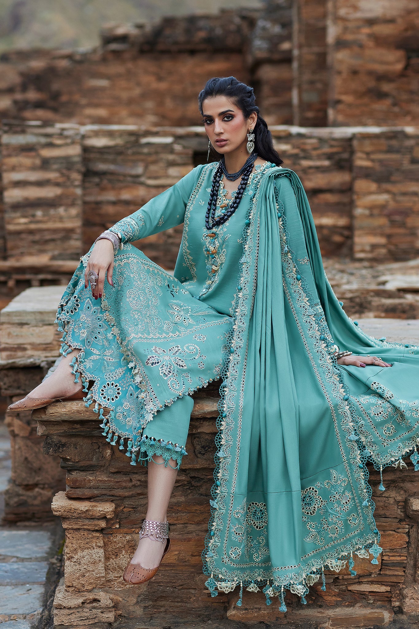 ELAN-3PC DHANAK CHIKAN EMBROIDERED SHIRT WITH DHANAK EMBROIDRED SHAWL & TROUSER -BIC-4239