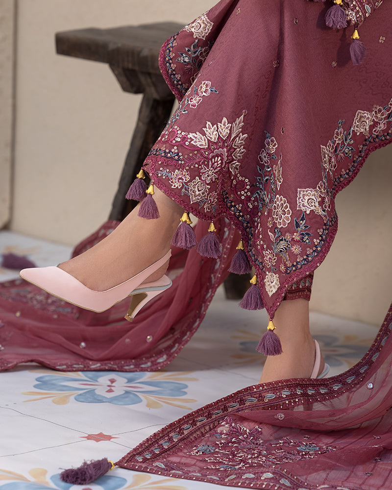 JADE-3PC LAWN SEQUENCE EMBROIDERED SHIRT WITH CHIFFON EMBROIDERED DUPATTA AND TROUSER-BIC-3744