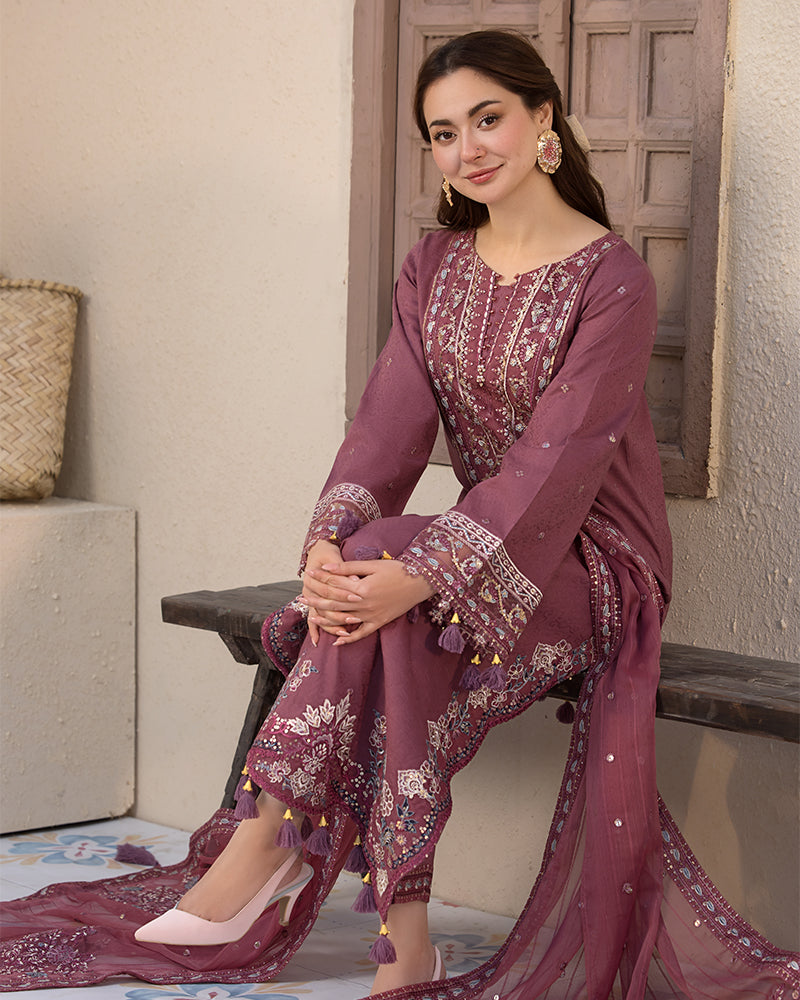 JADE-3PC LAWN SEQUENCE EMBROIDERED SHIRT WITH CHIFFON EMBROIDERED DUPATTA AND TROUSER-BIC-3744