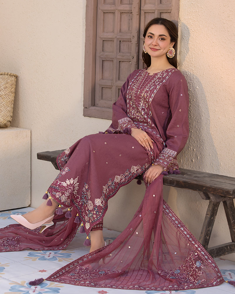 JADE-3PC LAWN SEQUENCE EMBROIDERED SHIRT WITH CHIFFON EMBROIDERED DUPATTA AND TROUSER-BIC-3744