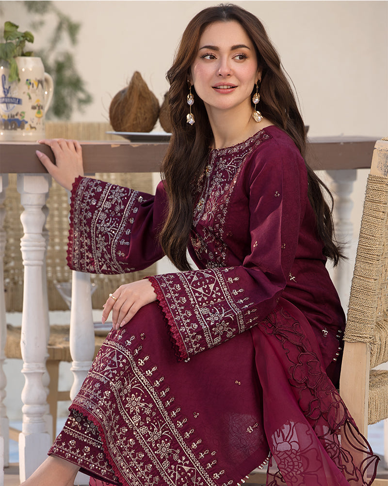 QALAMQAR-3PC LAWN EMBROIDERED SHIRT WITH ORGANZA EMBROIDERED DUAPATTA AND TROUSER-BIC-3727