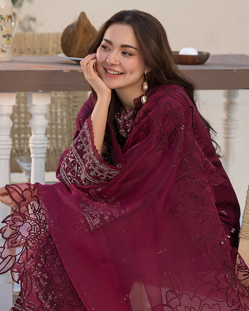 QALAMQAR-3PC LAWN EMBROIDERED SHIRT WITH ORGANZA EMBROIDERED DUAPATTA AND TROUSER-BIC-3727