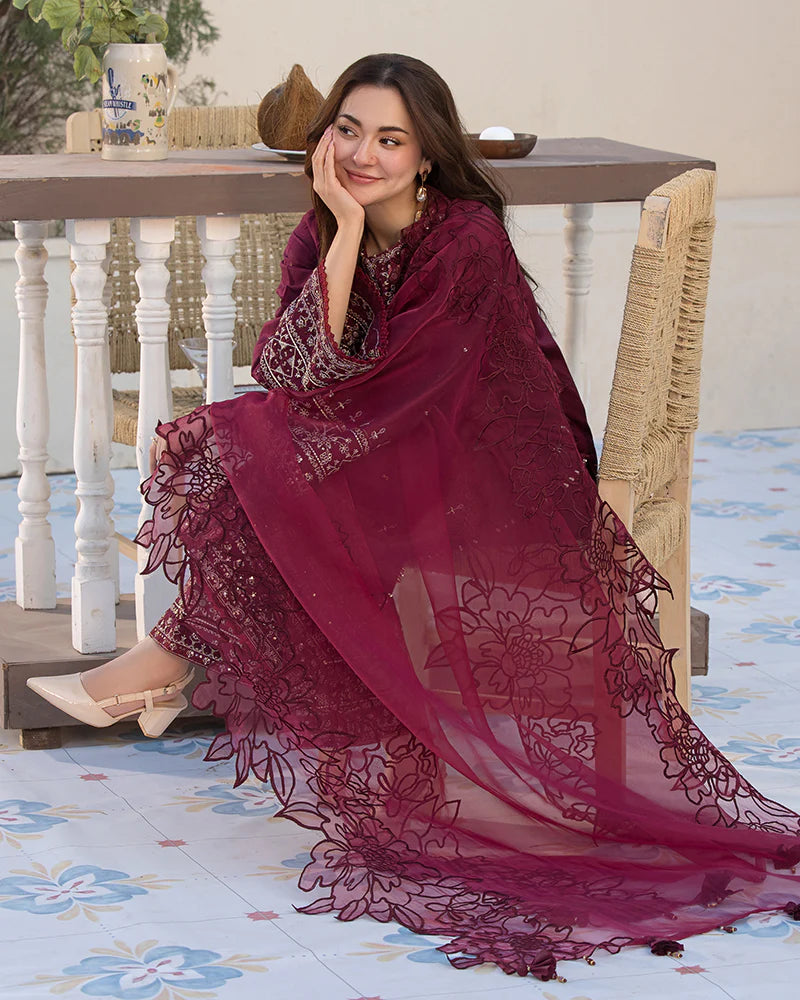 QALAMQAR-3PC LAWN EMBROIDERED SHIRT WITH ORGANZA EMBROIDERED DUAPATTA AND TROUSER-BIC-3727