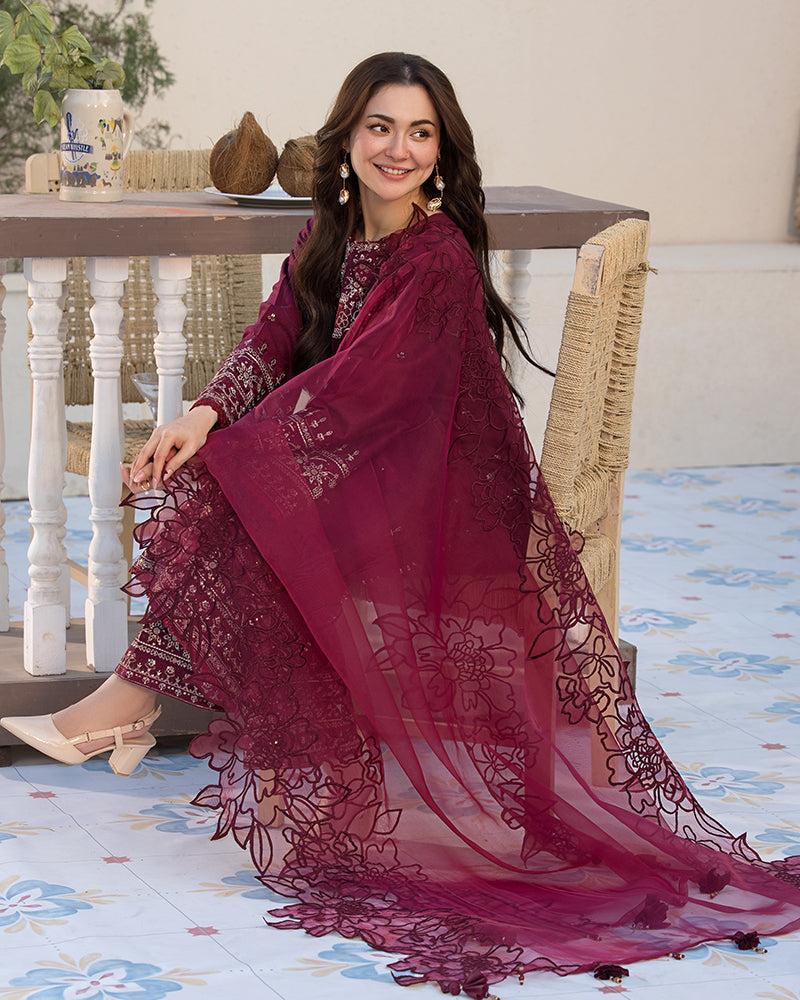 QALAMQAR-3PC LAWN EMBROIDERED SHIRT WITH ORGANZA EMBROIDERED DUAPATTA AND TROUSER-BIC-3727