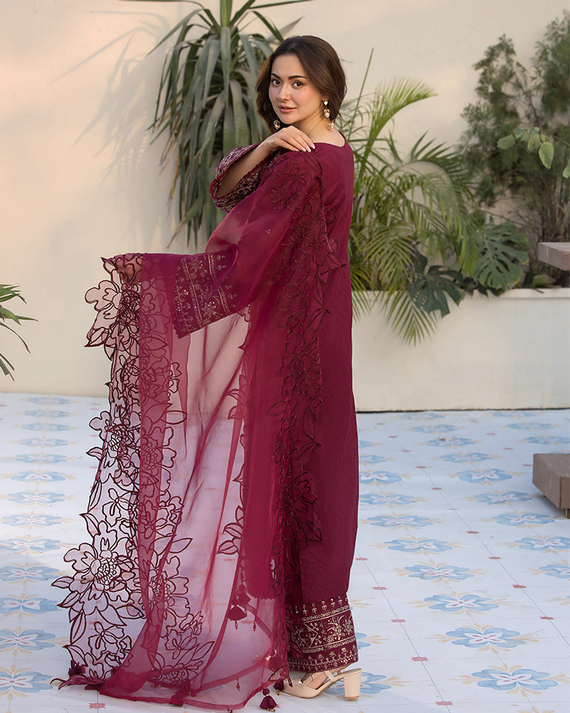 QALAMQAR-3PC LAWN EMBROIDERED SHIRT WITH ORGANZA EMBROIDERED DUAPATTA AND TROUSER-BIC-3727