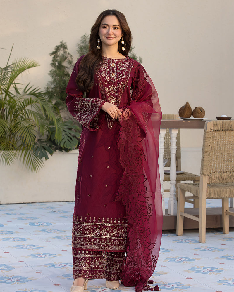 QALAMQAR-3PC LAWN EMBROIDERED SHIRT WITH ORGANZA EMBROIDERED DUAPATTA AND TROUSER-BIC-3727