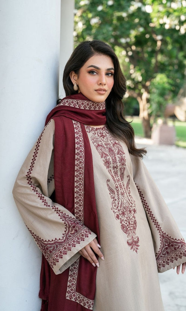 BAROQUE-3PC DHANAK EMBROIDERED SHIRT WITH DHANAK EMBROIDERED SHAWL AND EMB TROUSER-BIC-4320