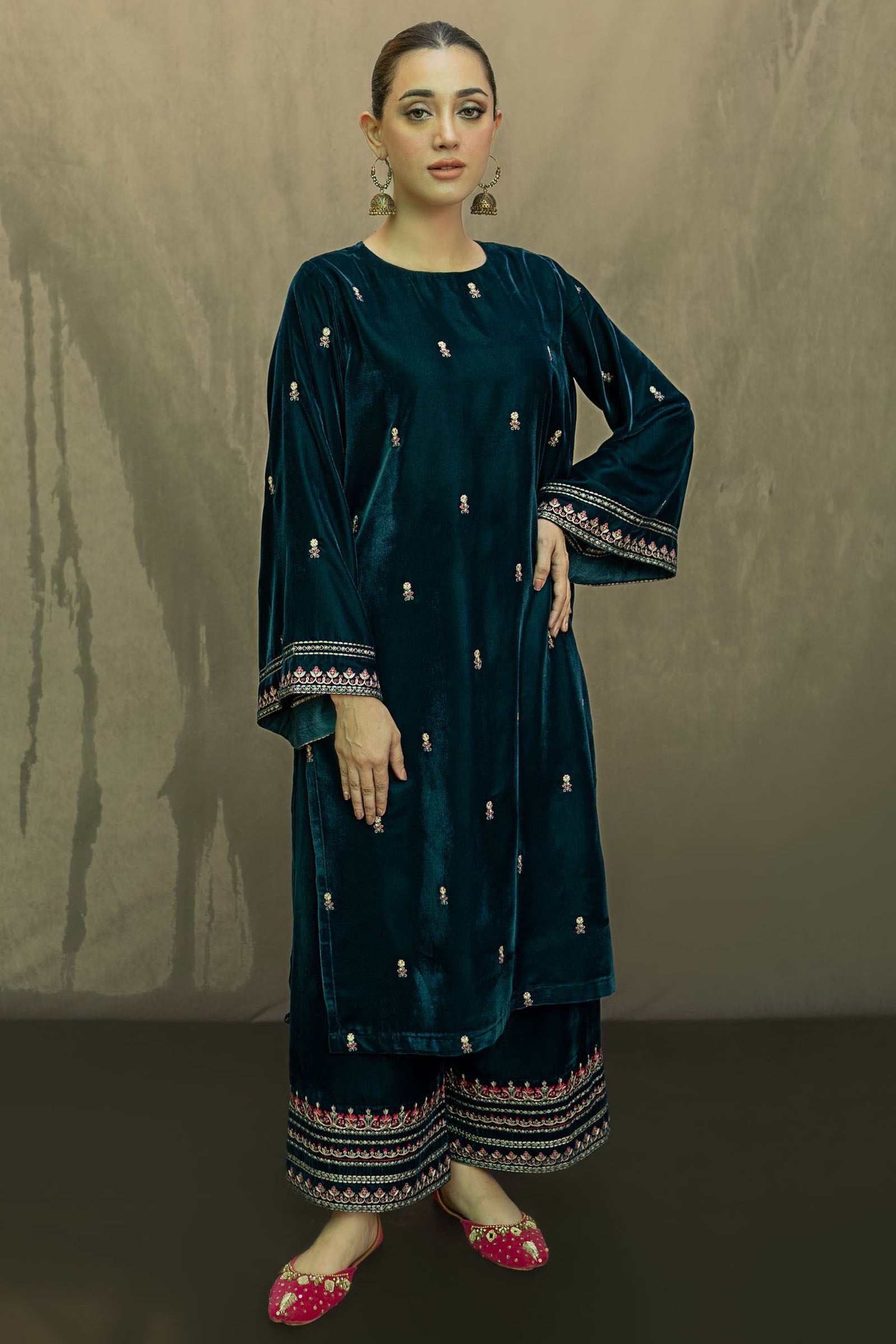 URGE-2PC VELVET EMBROIDERED SHIRT WITH VELEVT EMBROIDERED SLEEVES & TROUSER-BIC-D21