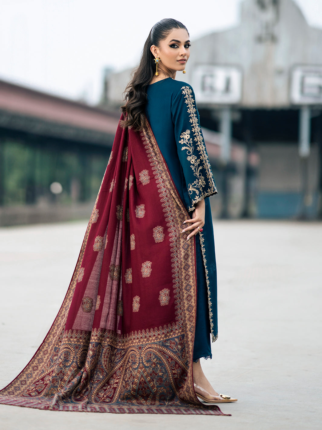 IZEL-3PC DHANAK EMBROIDERED SHIRT WITH COURTRAI PRINTED SHAWL & TROUSER-BIC-4226