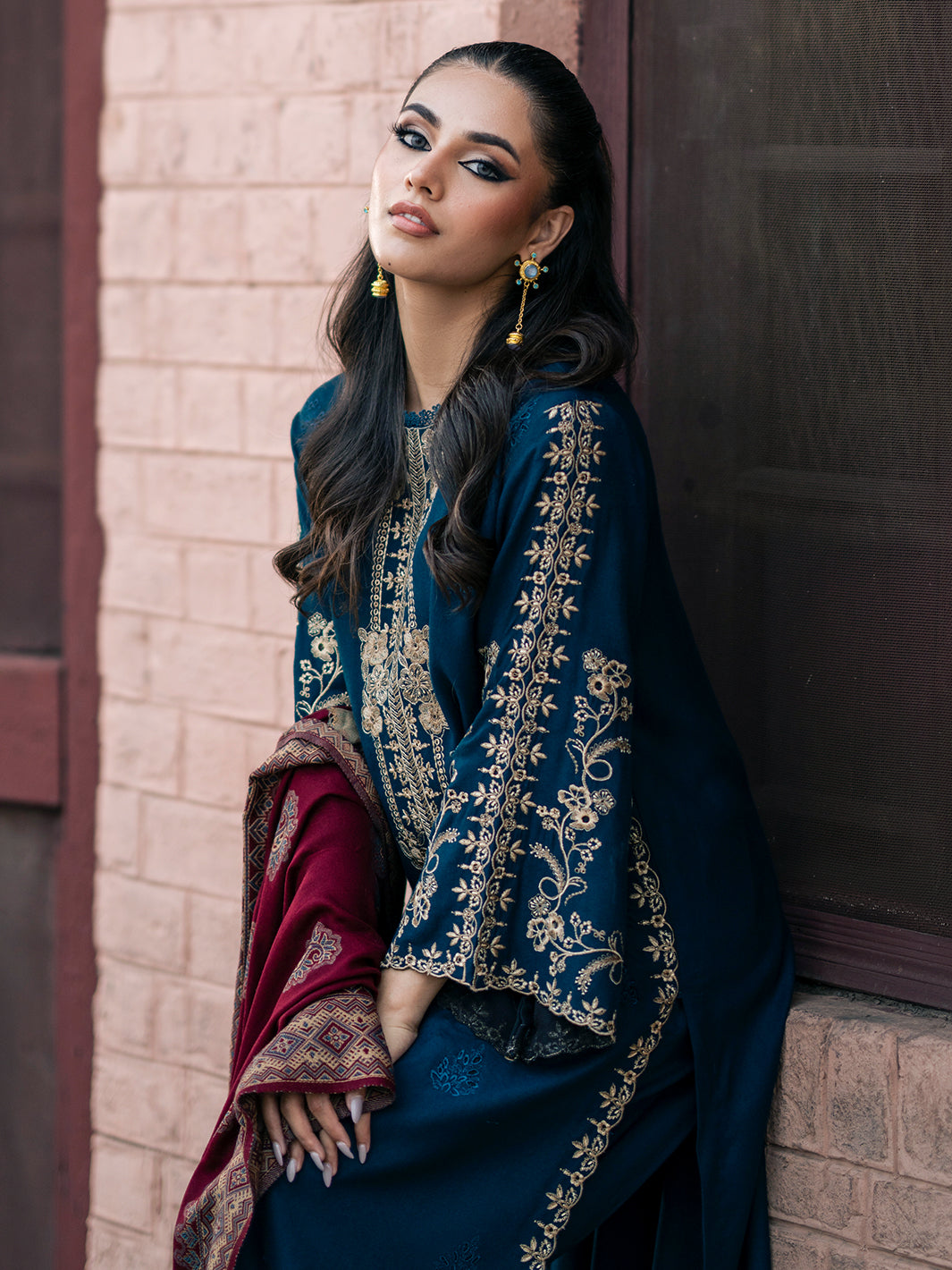 IZEL-3PC DHANAK EMBROIDERED SHIRT WITH COURTRAI PRINTED SHAWL & TROUSER-BIC-4226