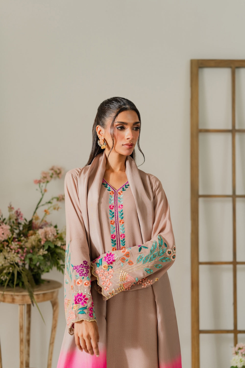 VINTAGE-3PC DHANAK EMBROIDERED SHIRT WITH TYE & DYE CHIFFON DUPATTA AND TROUSER-BIC-4265