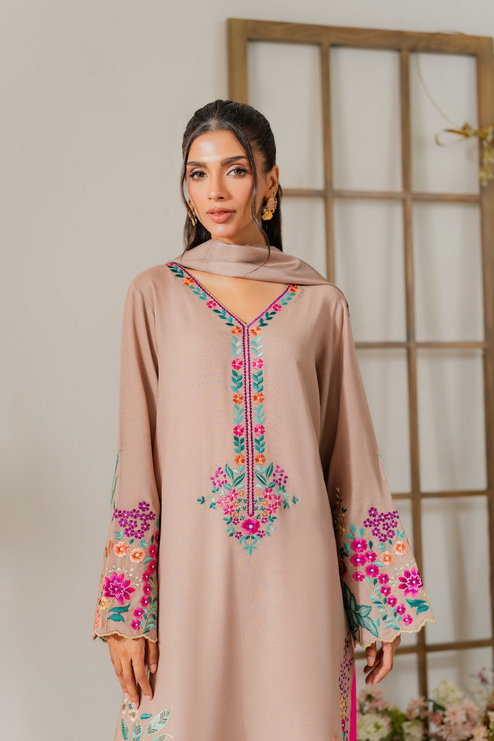 VINTAGE-3PC DHANAK EMBROIDERED SHIRT WITH TYE & DYE CHIFFON DUPATTA AND TROUSER-BIC-4265