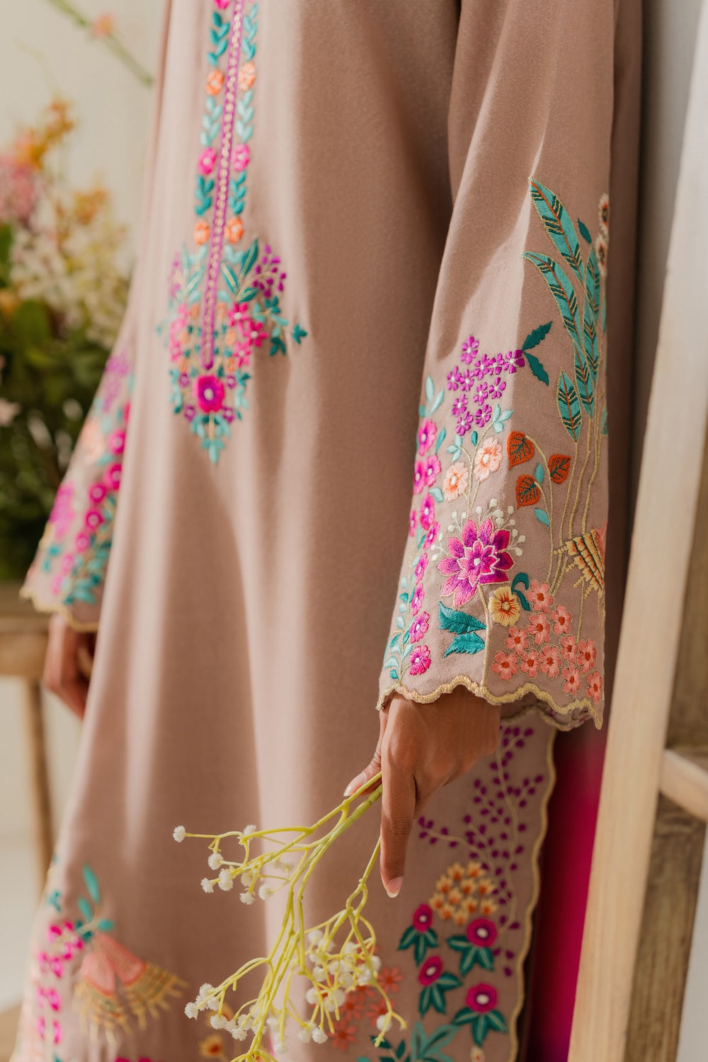 VINTAGE-3PC DHANAK EMBROIDERED SHIRT WITH TYE & DYE CHIFFON DUPATTA AND TROUSER-BIC-4265