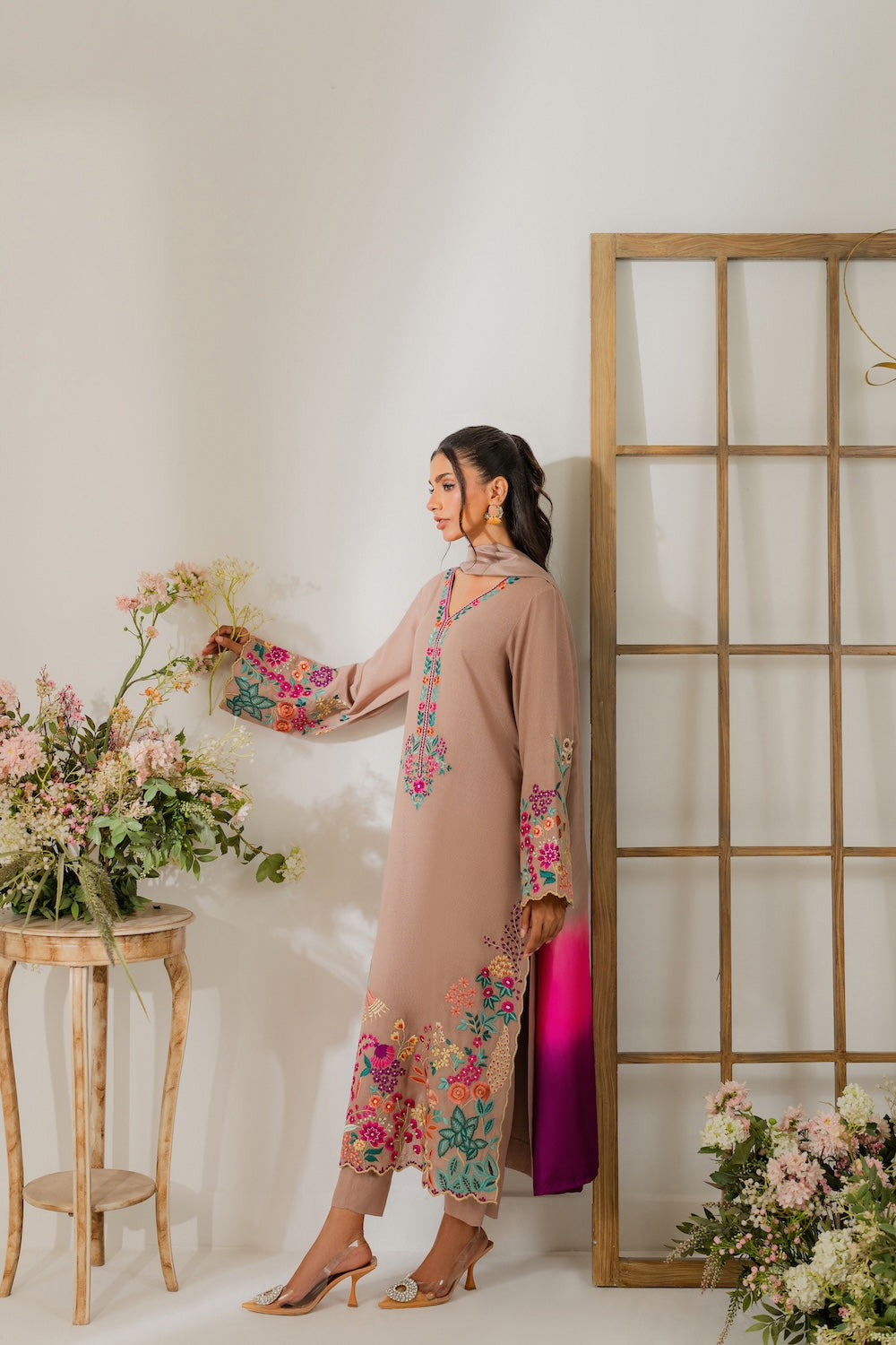 VINTAGE-3PC DHANAK EMBROIDERED SHIRT WITH TYE & DYE CHIFFON DUPATTA AND TROUSER-BIC-4265