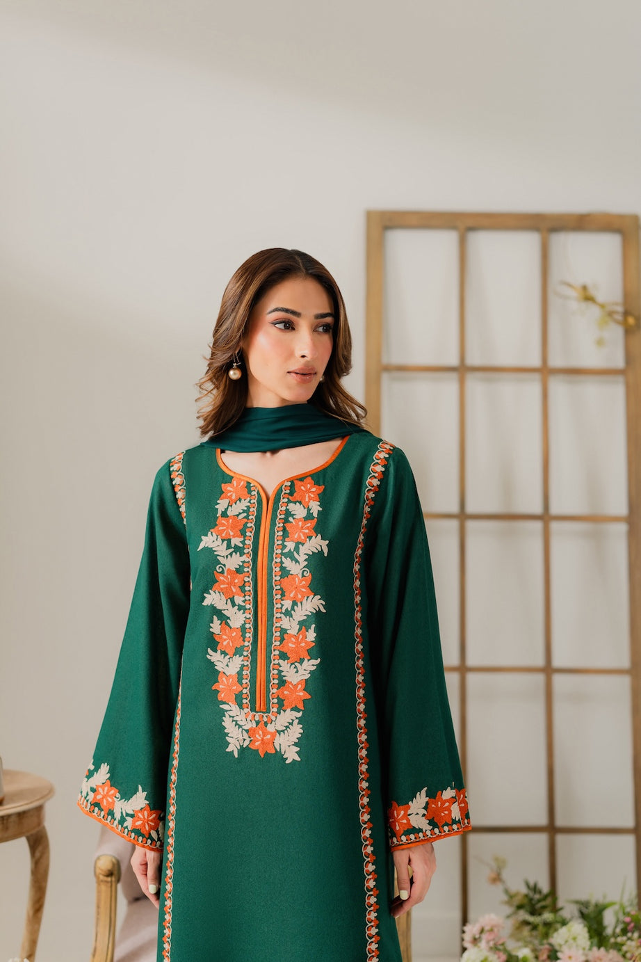 VINTAGE-3PC DHANAK EMBROIDERED SHIRT WITH BAMBER CHIFFON DUPATTA & TROUSER-BIC-4248