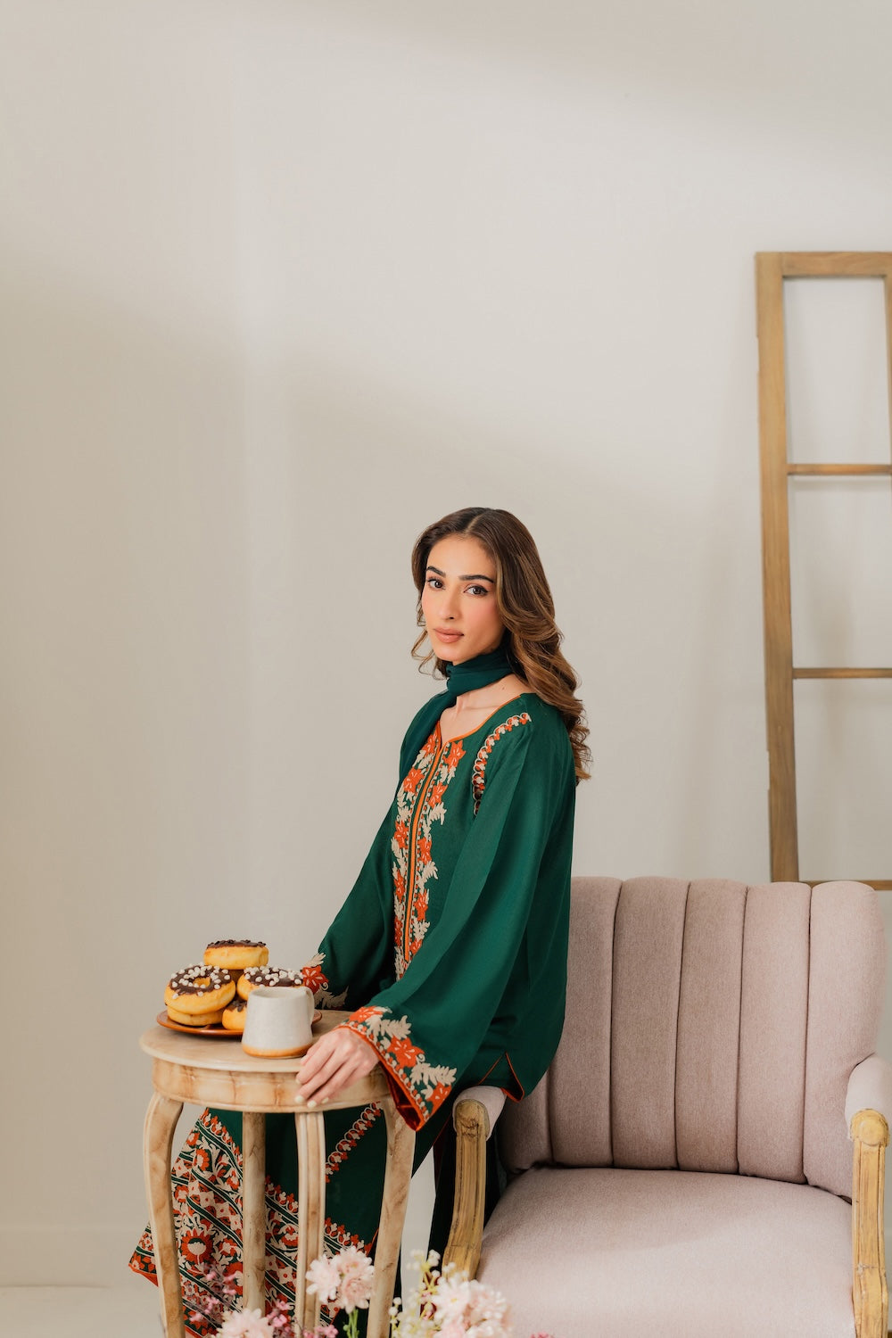 VINTAGE-3PC DHANAK EMBROIDERED SHIRT WITH BAMBER CHIFFON DUPATTA & TROUSER-BIC-4248
