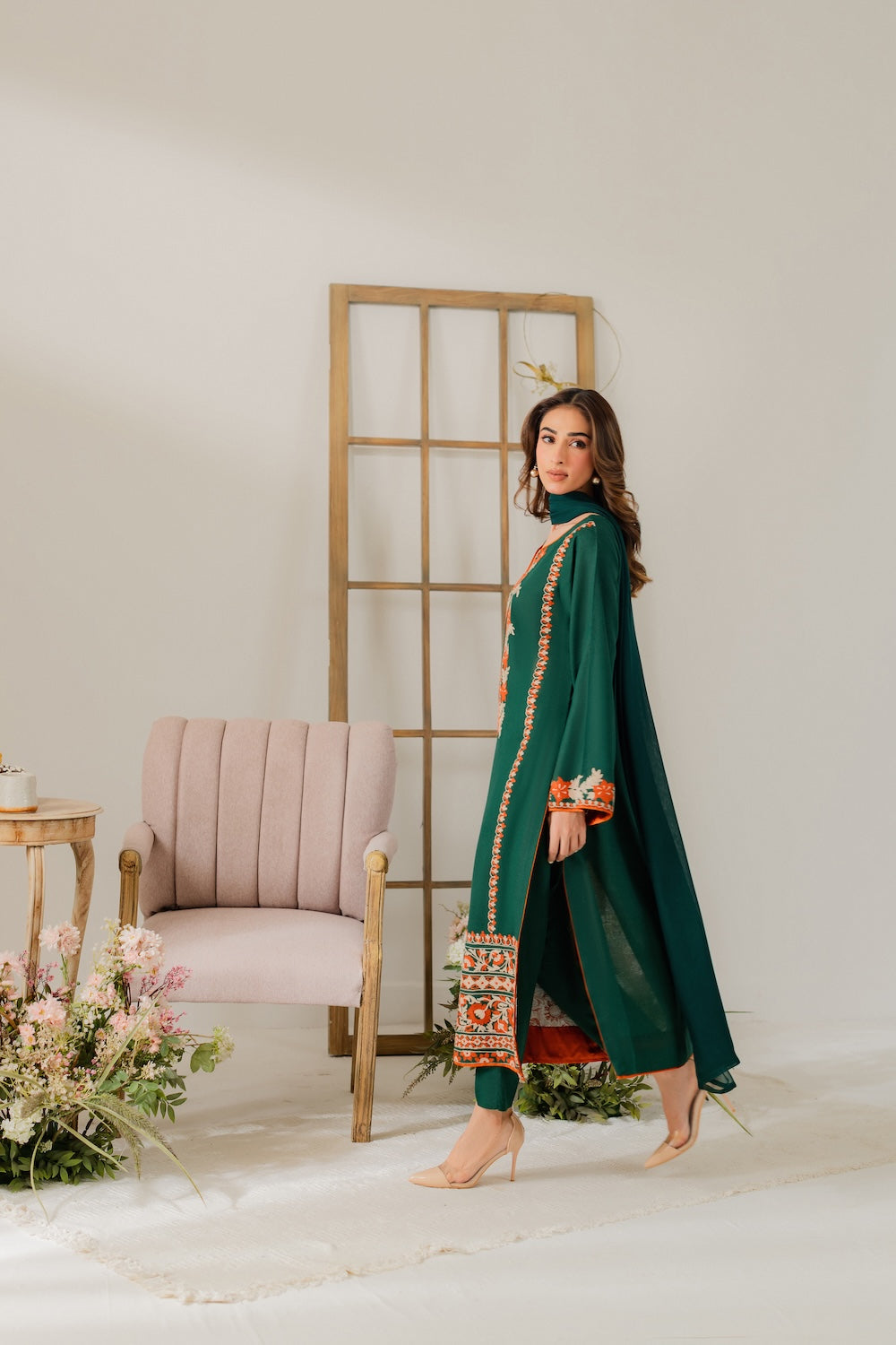 VINTAGE-3PC DHANAK EMBROIDERED SHIRT WITH BAMBER CHIFFON DUPATTA & TROUSER-BIC-4248