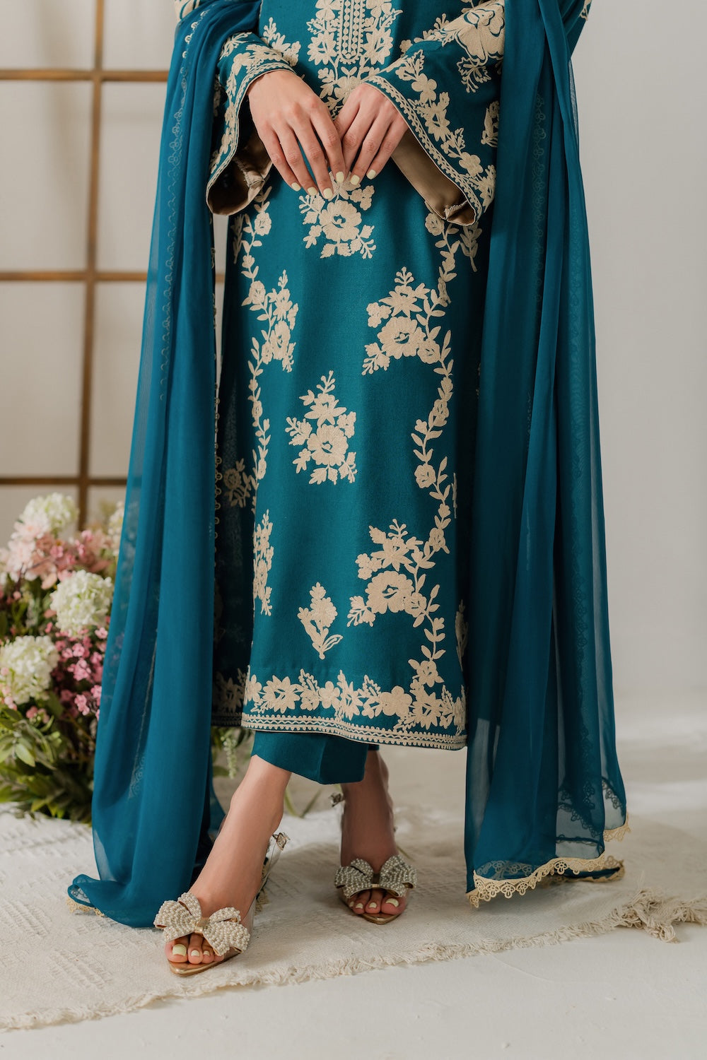 VINTAGE-3PC DHANAK EMBROIDERED SHIRT WITH BAMBER CHIFFON DUPATTA AND TROUSER-BIC-4245